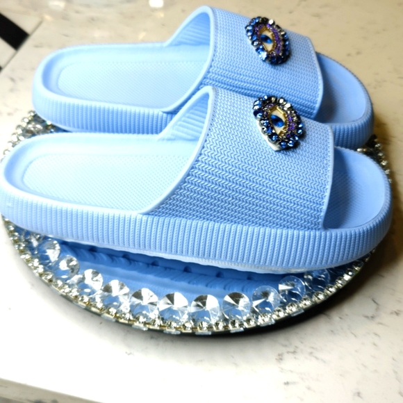 Blue Rhinestone Evil Eye beach slides - Picture 4 of 8